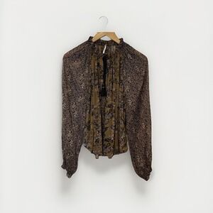 Free People Womens ‎ Blouse XS Brown Long Sleeve Peasant Top Floral Tie Neck